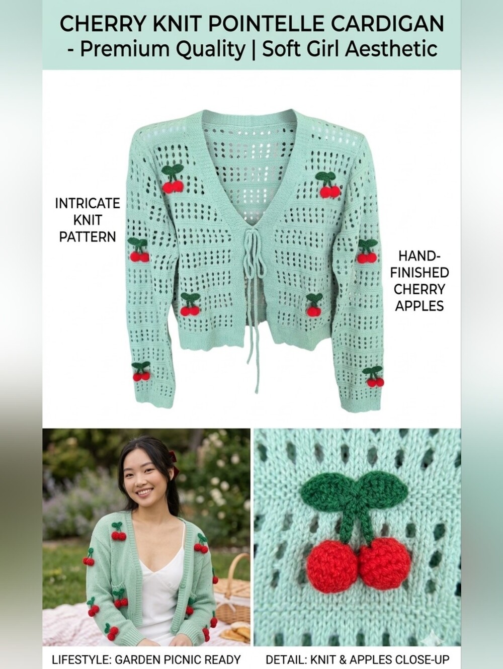 Coquette Cherry Knit Cardigan Mint Green Tie Front Cropped Pointelle Sweater - Picture 11 of 11